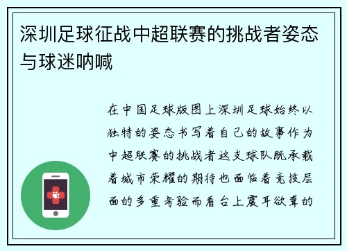 深圳足球征战中超联赛的挑战者姿态与球迷呐喊